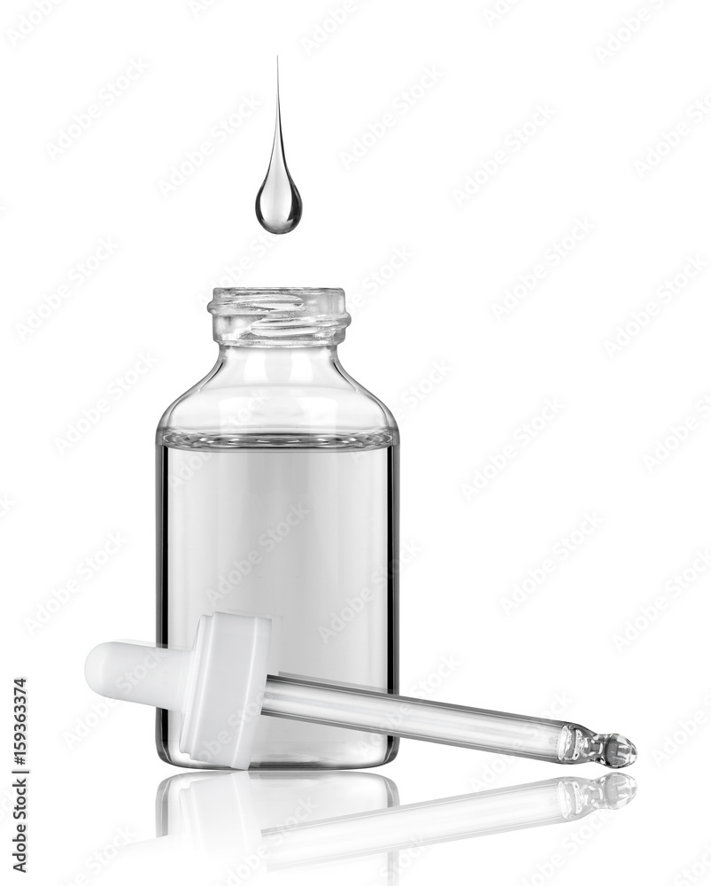 Cosmetic bottle with pipette and falling drop in it, isolated on white background