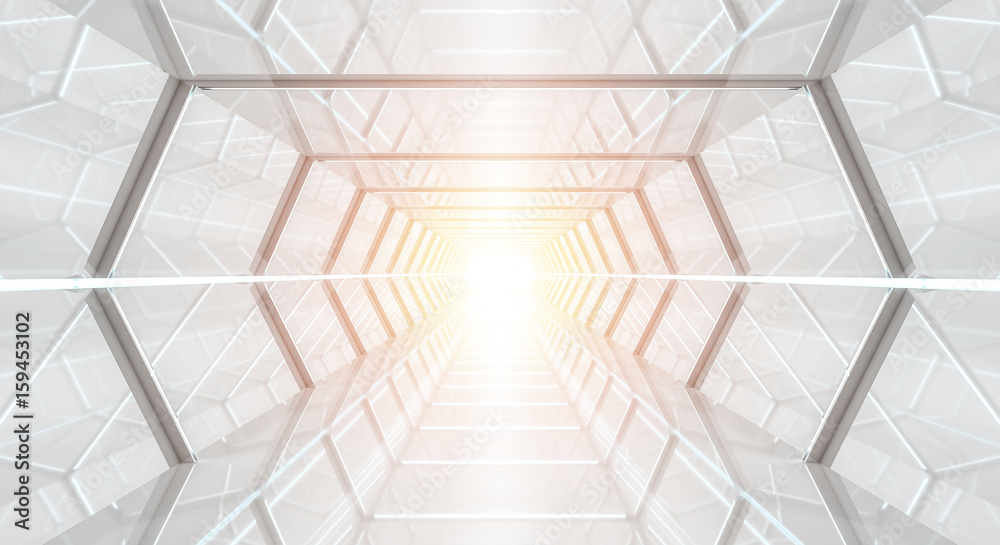 Bright futuristic spaceship corridor 3D rendering