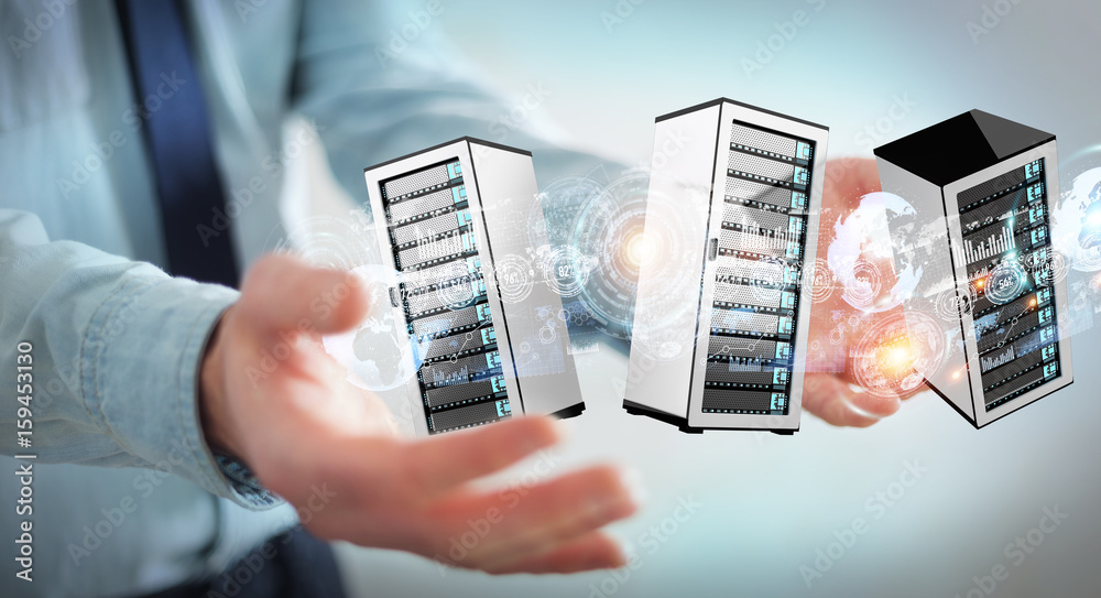 Businessman connecting servers room data center 3D rendering