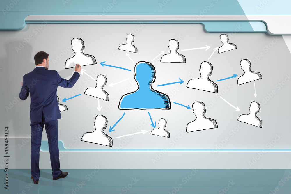 Businessman drawing social network sketch on a board 3D rendering