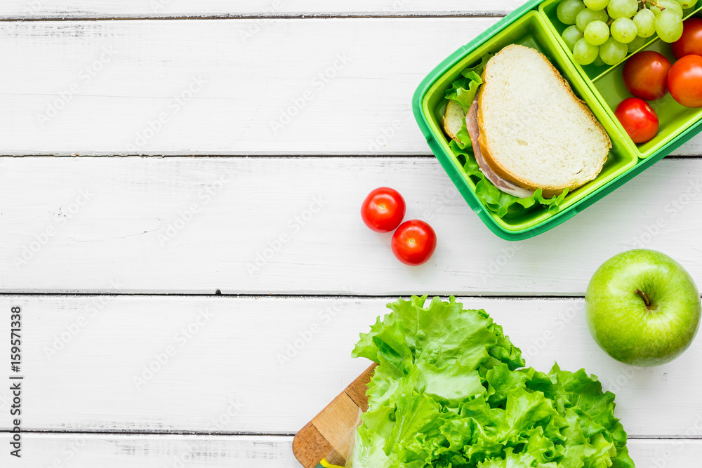 take away with lunchbox and fresh food on white background top view space for text