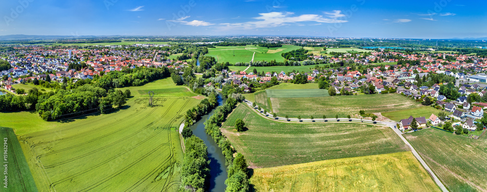 Aerial panorama of the Ill river between Fegersheim and Eschau near Strasbourg - Grand Est, France