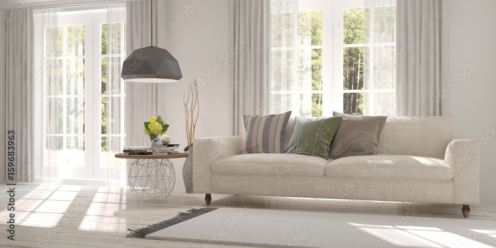 White room with sofa and green landscape in window. Scandinavian interior design. 3D illustration