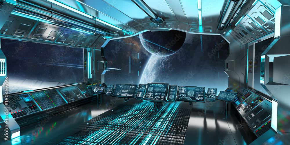 Spaceship interior with view on distant planets system 3D rendering elements of this image furnished