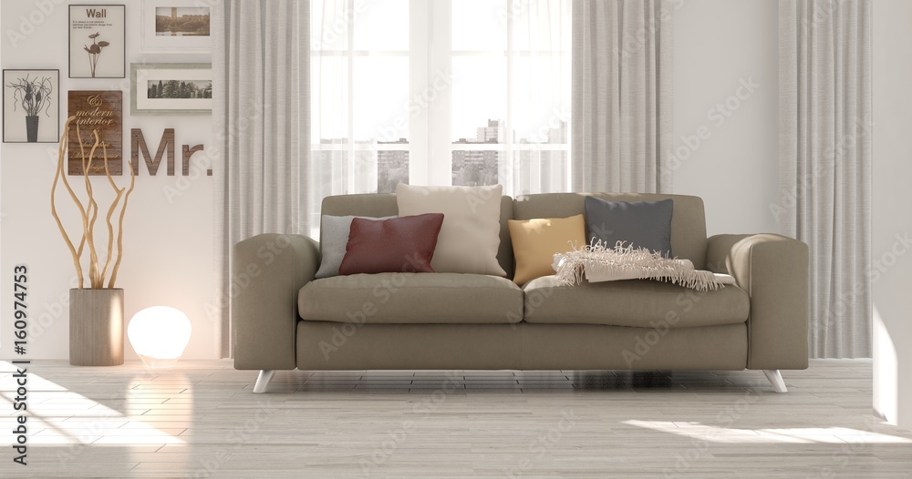 White modern room with sofa. Scandinavian interior design. 3D illustration