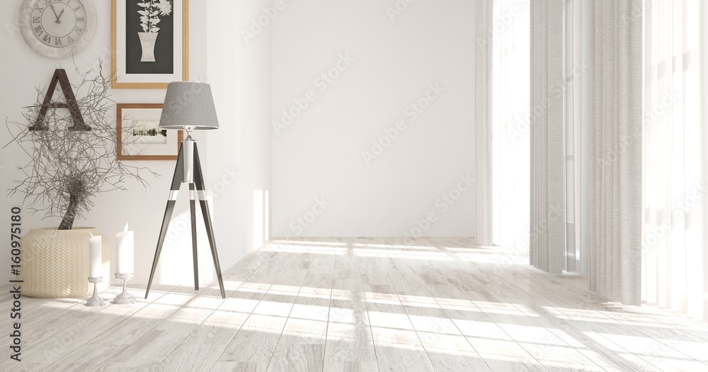 White empty room. Scandinavian interior design. 3D illustration