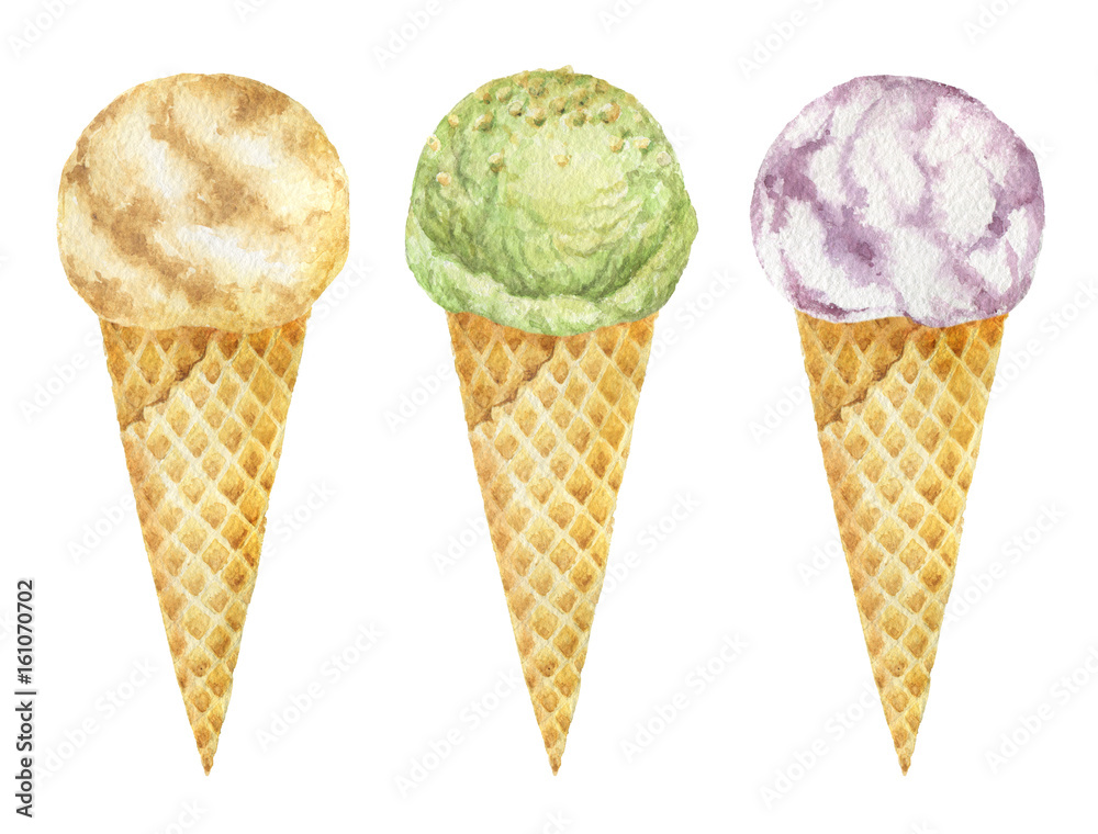 Watercolor ice cream cones with pistachio, vanilla and fruit.