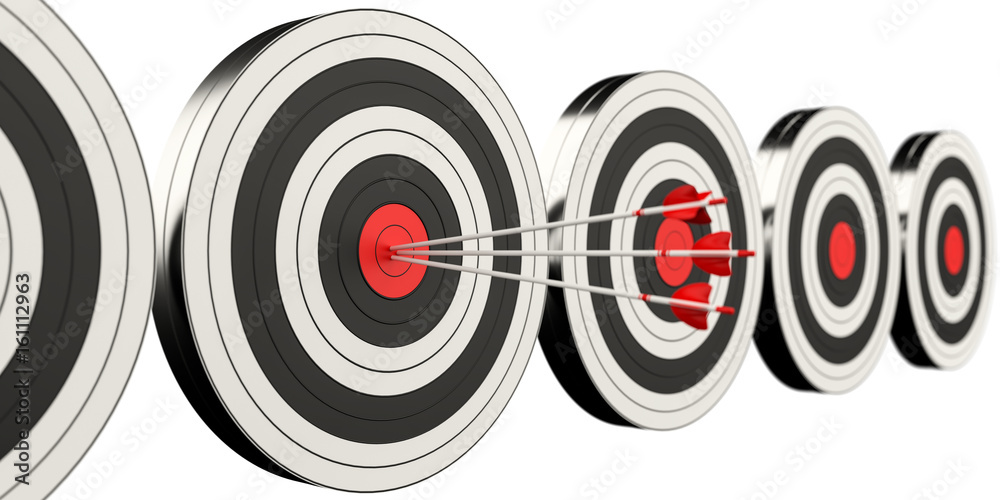 3D rendering target black white and red target with arrows