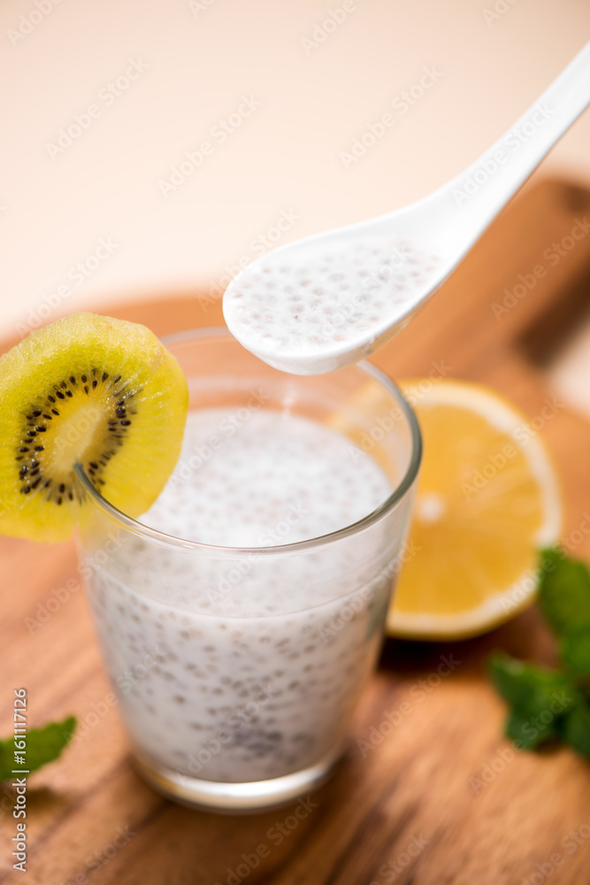 Healthy breakfast with chia pudding in glass