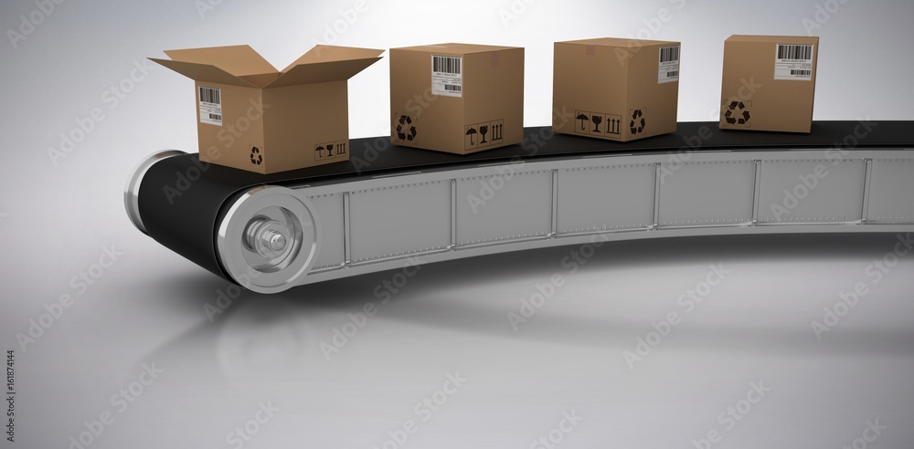 Composite 3d image of brown cardboard boxes on production line