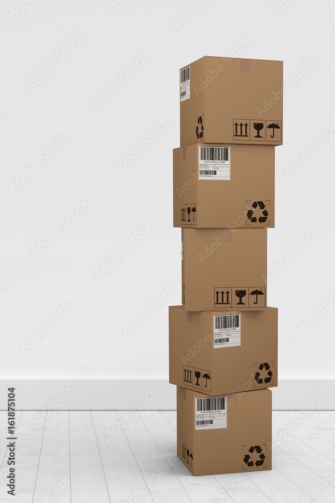 Composite image of pile of cardboard boxes on white background