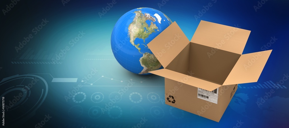 Composite image of 3d image of globe by empty cardboard box