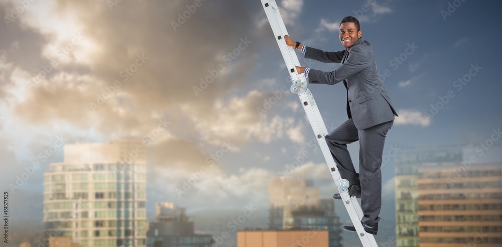 Composite image of businessman climbing up ladder