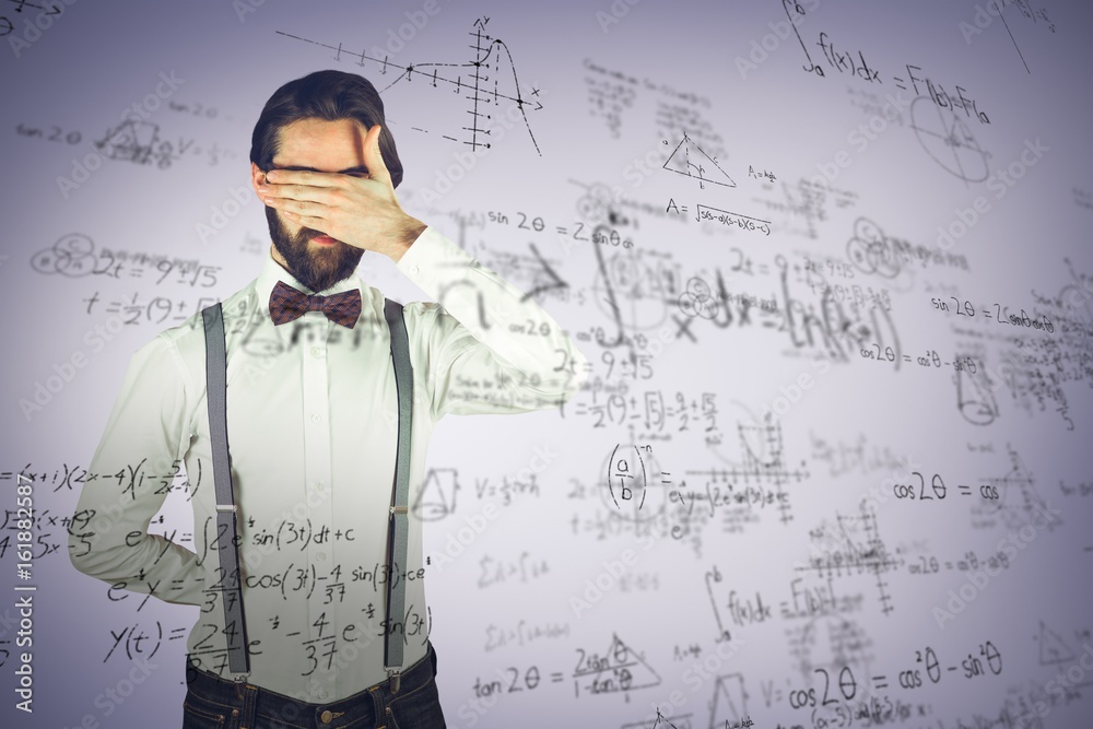 Composite image of man covering his face with hand