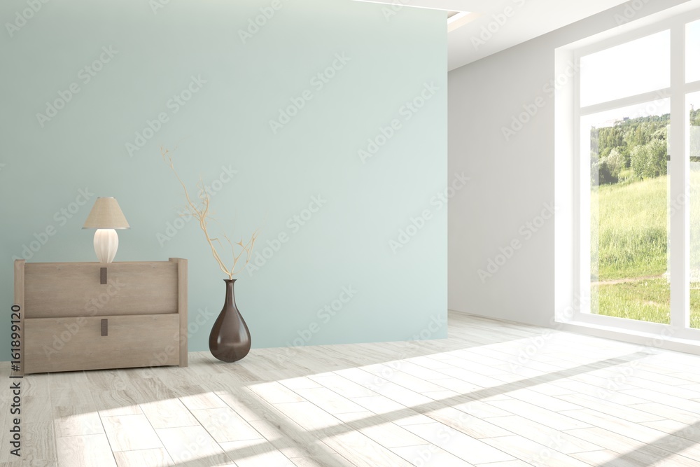 White empty room with green landscape in window. Scandinavian interior design. 3D illustration