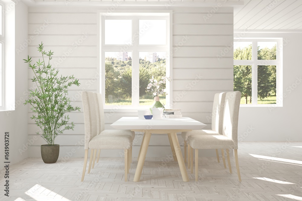 White dinner room with green landscape in window. Scandinavian interior design. 3D illustration