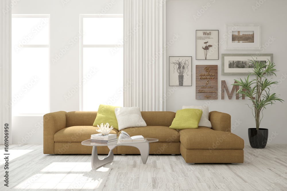 White idea of modern room with sofa. Scandinavian interior design. 3D illustration