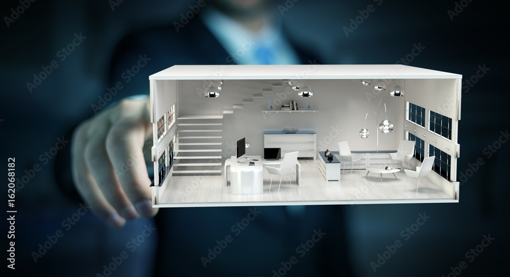 Businessman touching white 3D rendering apartment