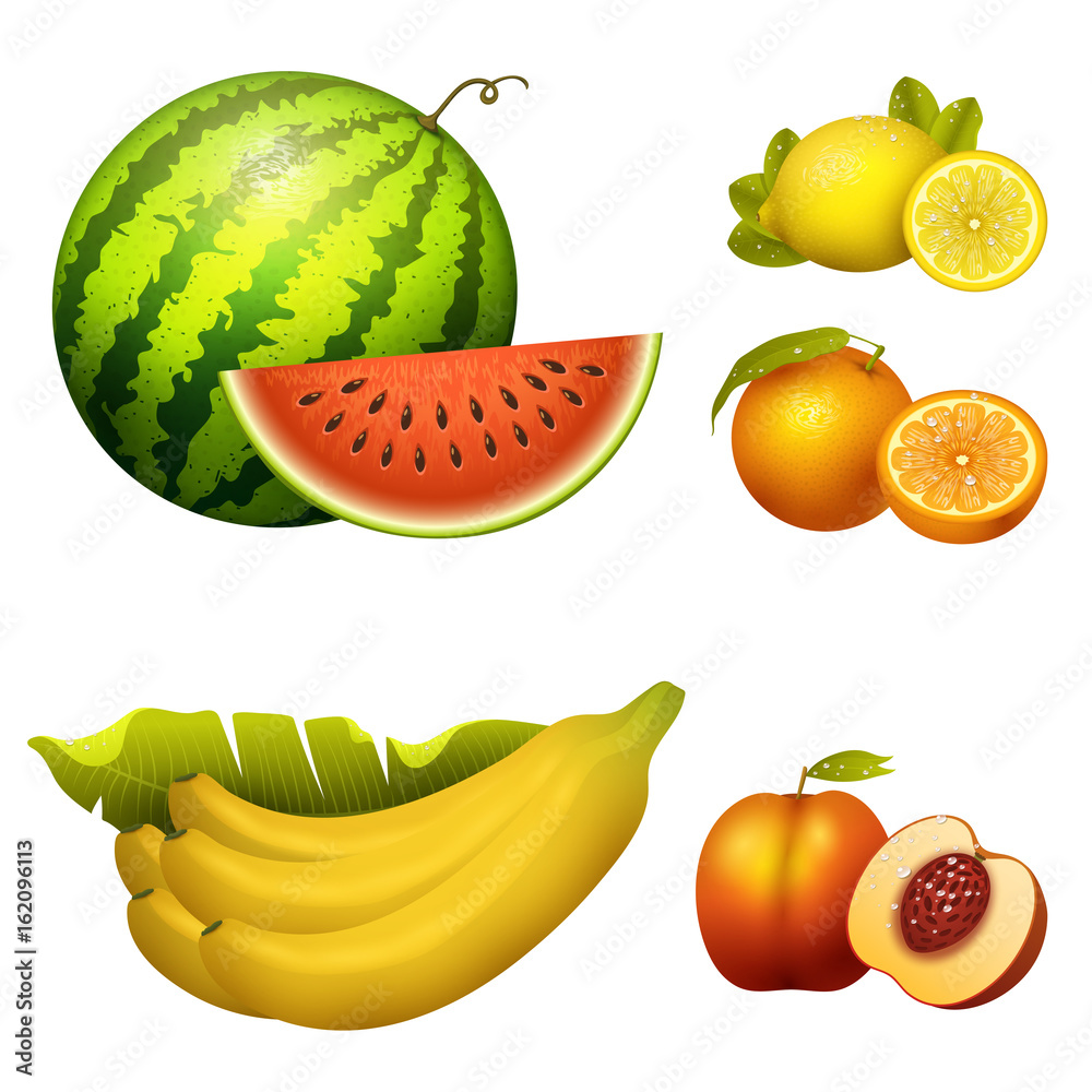 Ripe striped watermelon realistic juicy fruits banana vector illustration slice green isolated ripe 