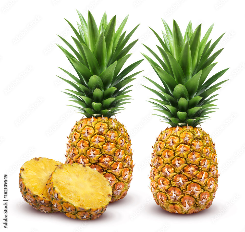 Pineapple isolated. Whole and sliced pineapple isolated on white background Clipping Path