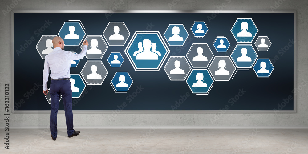 Businessman using social network interface on a board 3D rendering