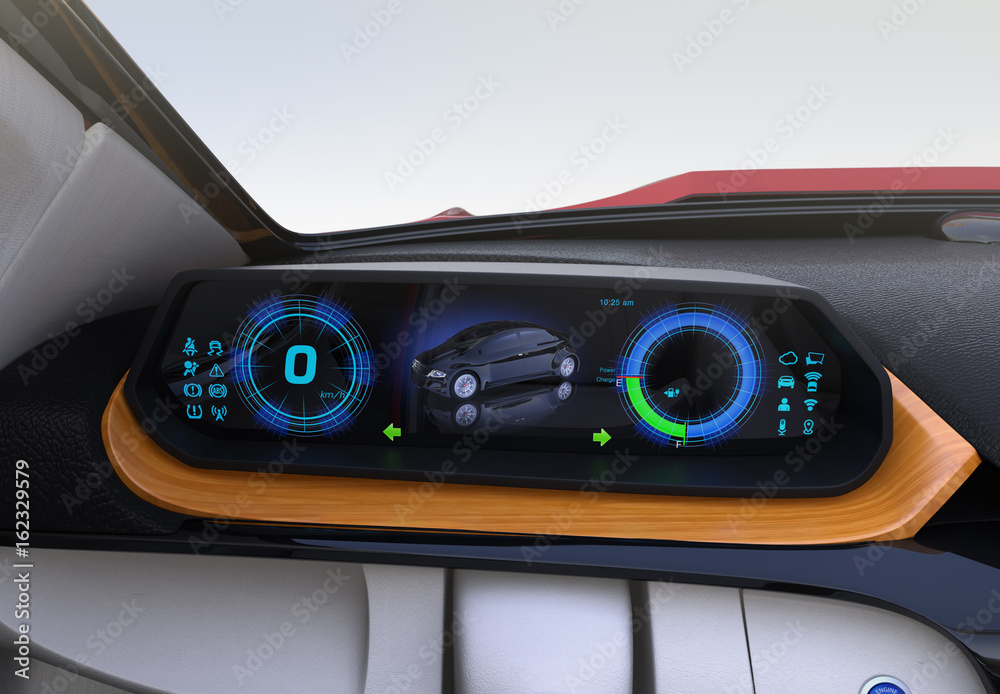 Closeup view of digital speedometer on wooden tray. Electric cars dashboard concept. 3D rendering i