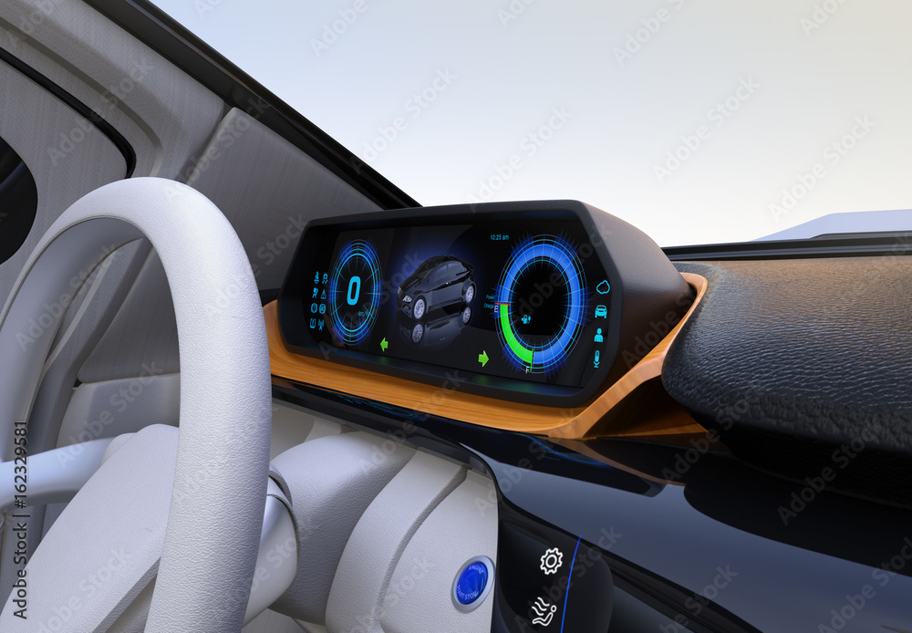 Electric cars dashboard concept. Digital speedometer on wooden tray. 3D rendering image. Original d