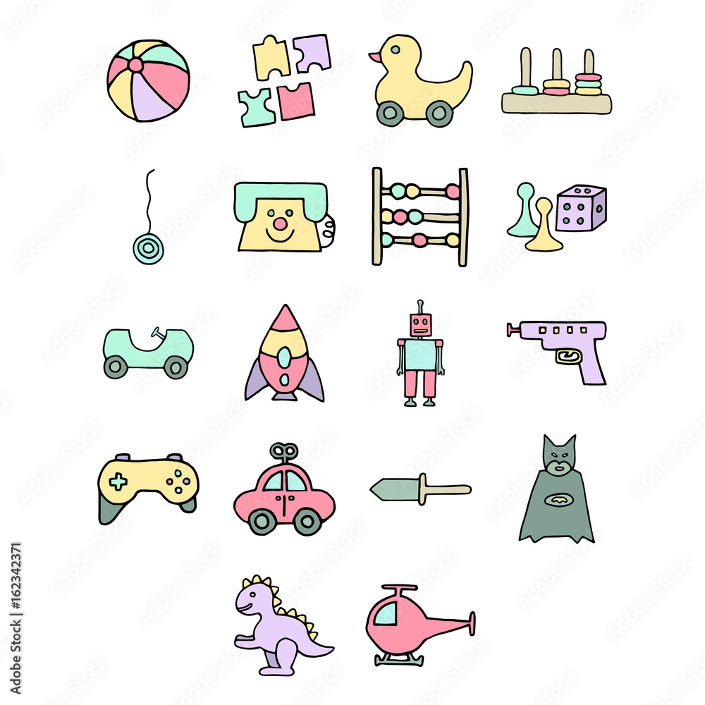 Vectors icons of various toys against white background