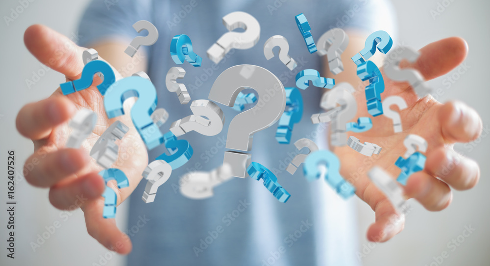 Businessman using 3D rendering question marks