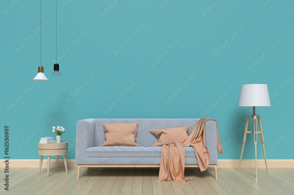 Sofa in the living room with blue walls, lamps and flowers on the table,3D rendering