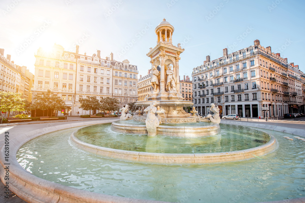 Morning view on Jacobins square and beautiful fountain in Lyon city, France