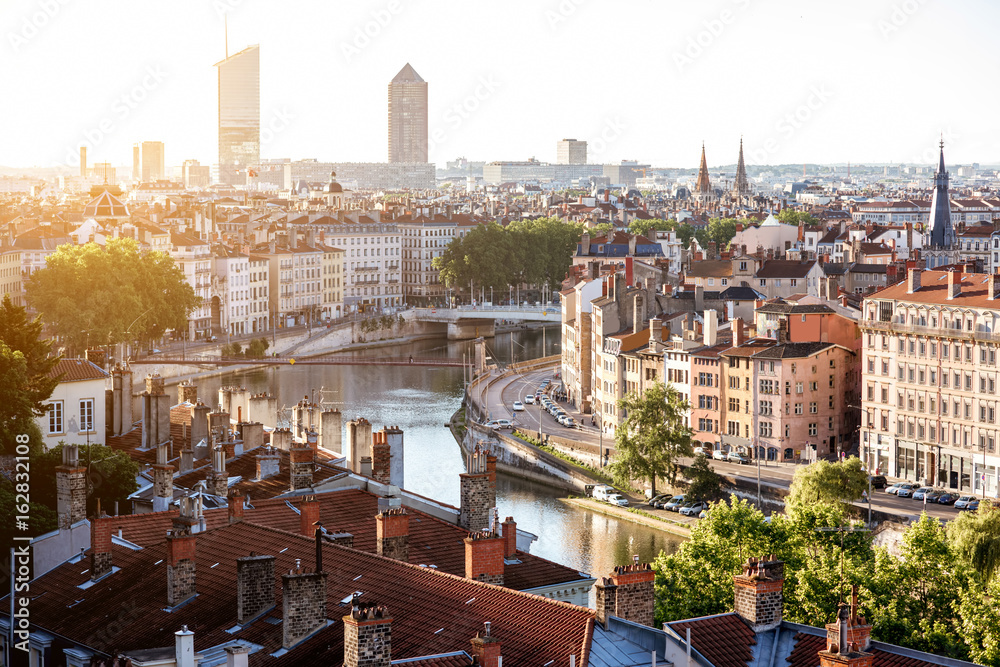 Morning aerial cityscape view with beautiful old buildings and skyscrapers in Lyon city, France