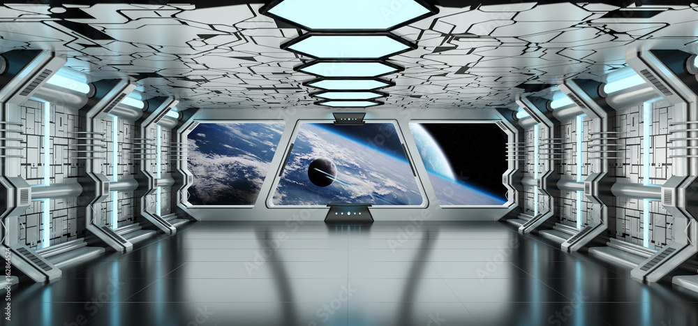 Spaceship interior with view on distant planets system 3D rendering elements of this image furnished