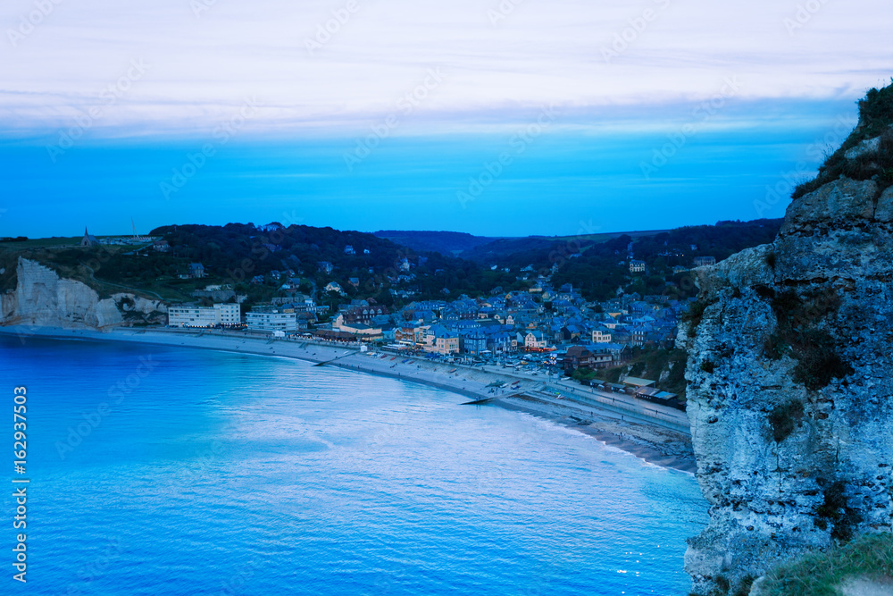 Aerial view of night Etretat, Normandy, France