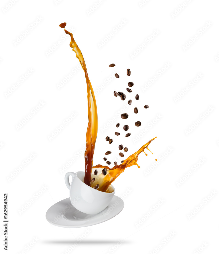 Porcelaine white cup with splashing coffee liquid with coffee beans, isolated on white background.