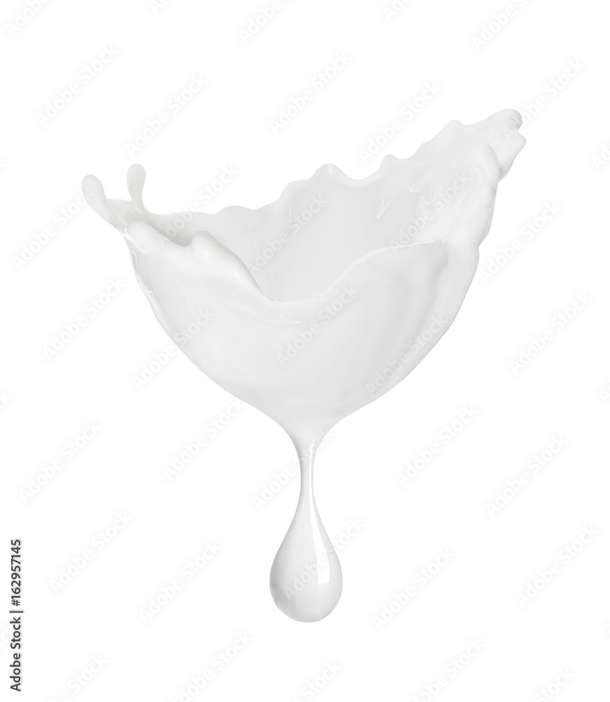 Splash of milk or cream with drop, isolated on white background