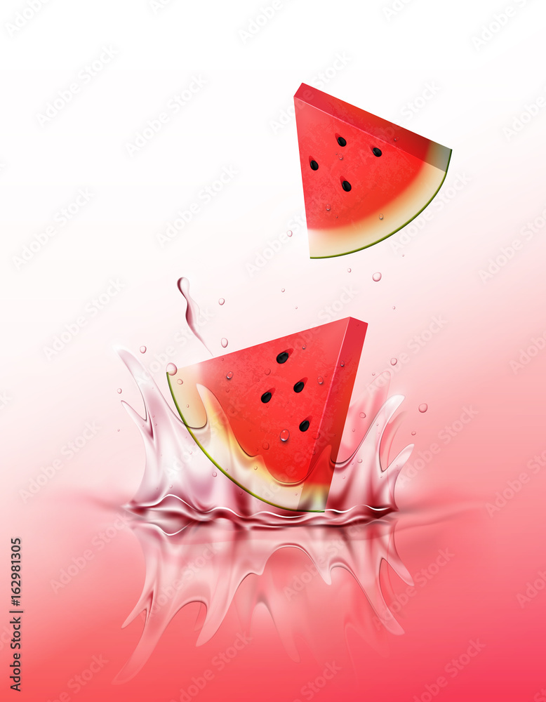 Sliced Watermelon drop on juice splash and ripple, Realistic Fruit and yogurt, transparent, vector i