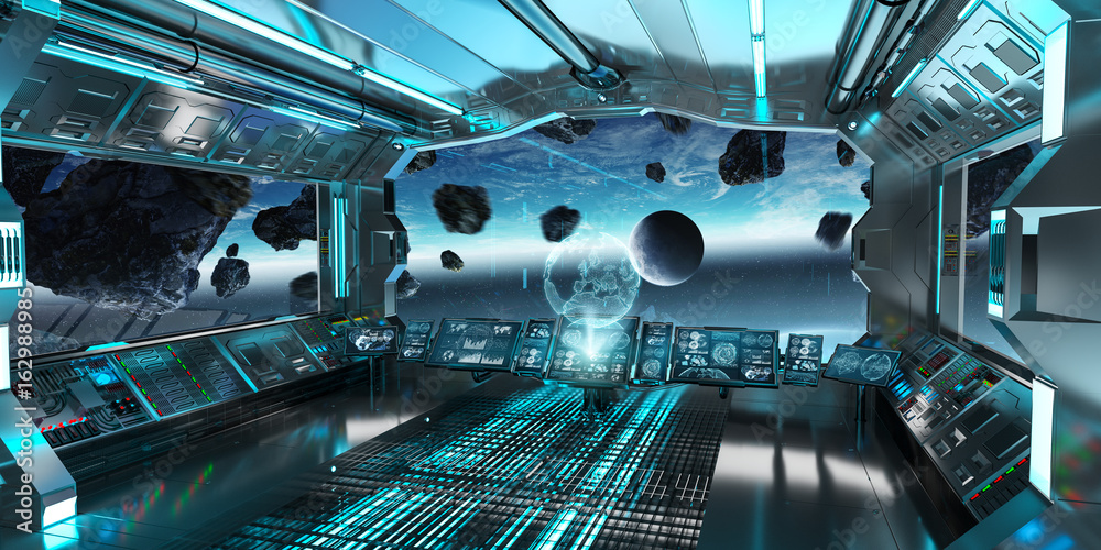 Spaceship interior with view on the planet Earth 3D rendering elements of this image furnished by NA