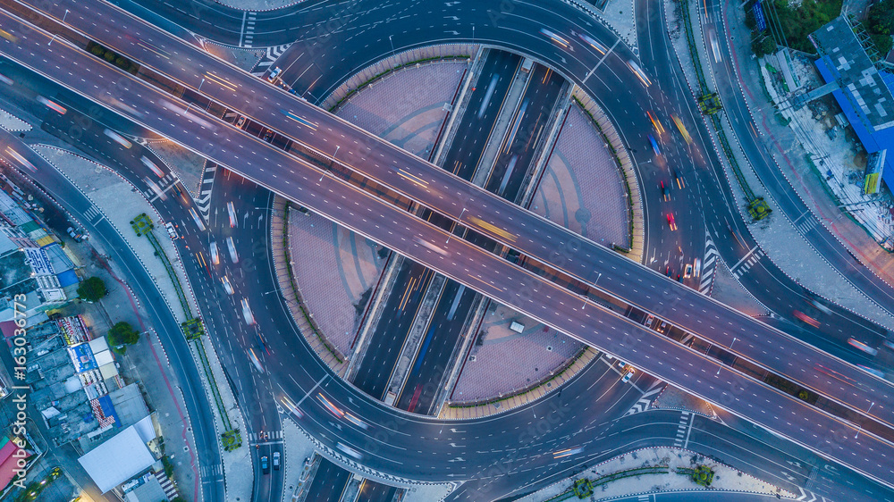 Aerial view interchange of Bangkok City, Shot from drone, Expressway, Motorway, Highway is an import