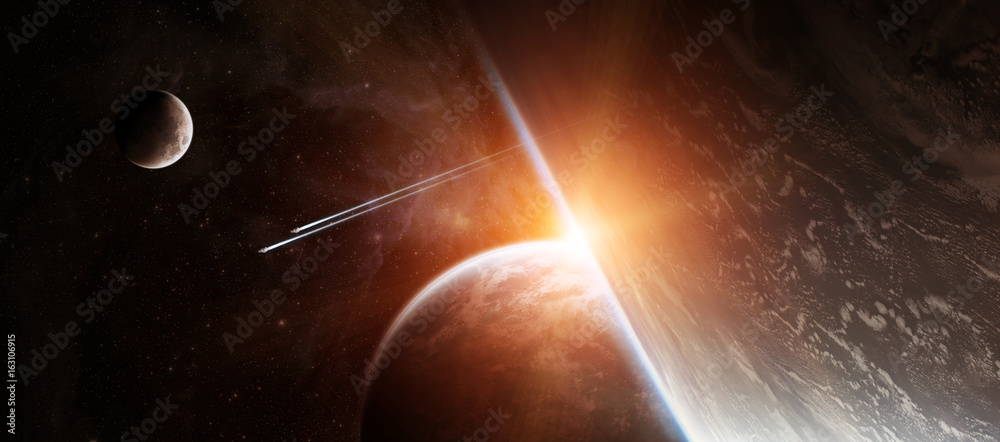 Sunrise over distant planet system in space 3D rendering elements of this image furnished by NASA