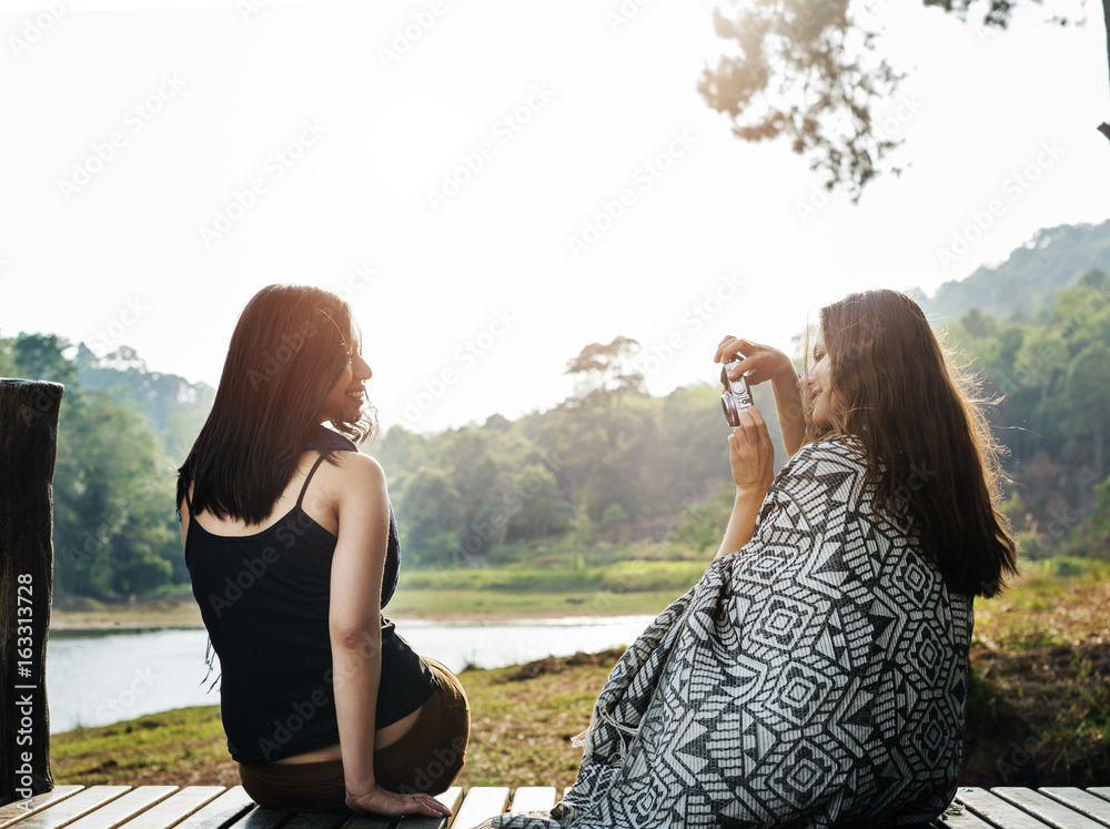 Girls Friends Exploring Outdoors Nature Concept