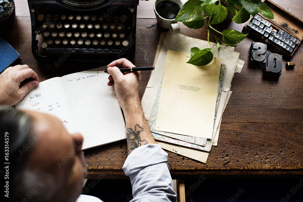 Man Using Retro Typewriter Machine Work Writer