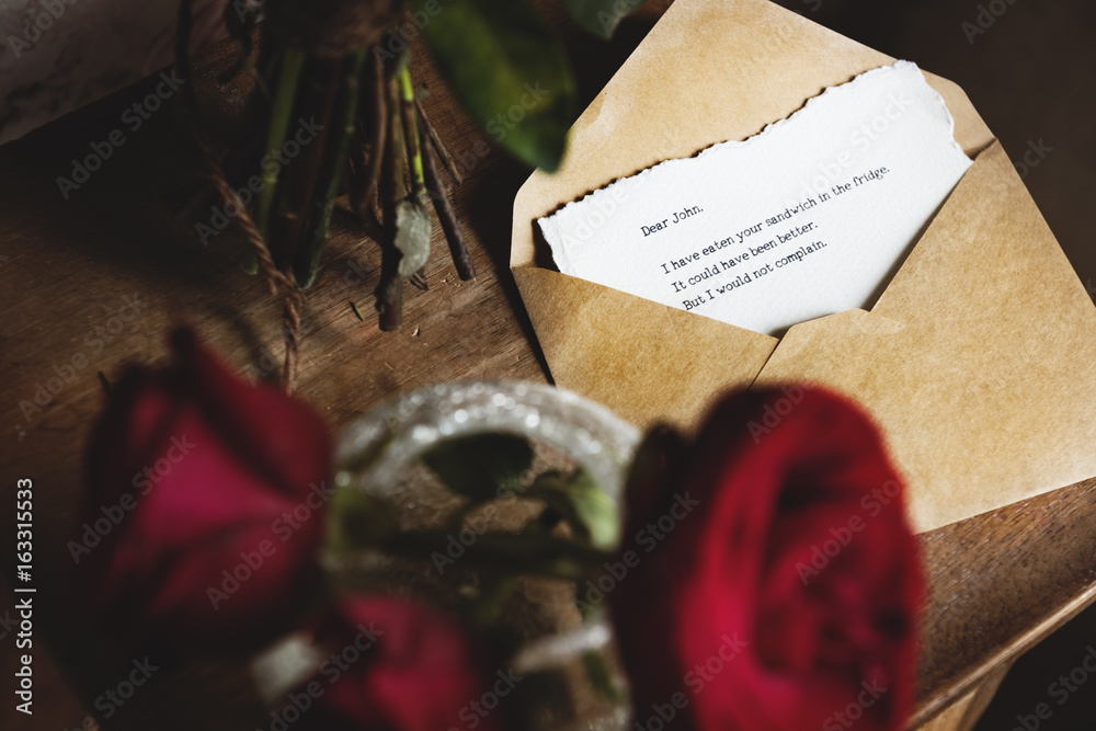 Letter Envelope Note Message with Roses Flower