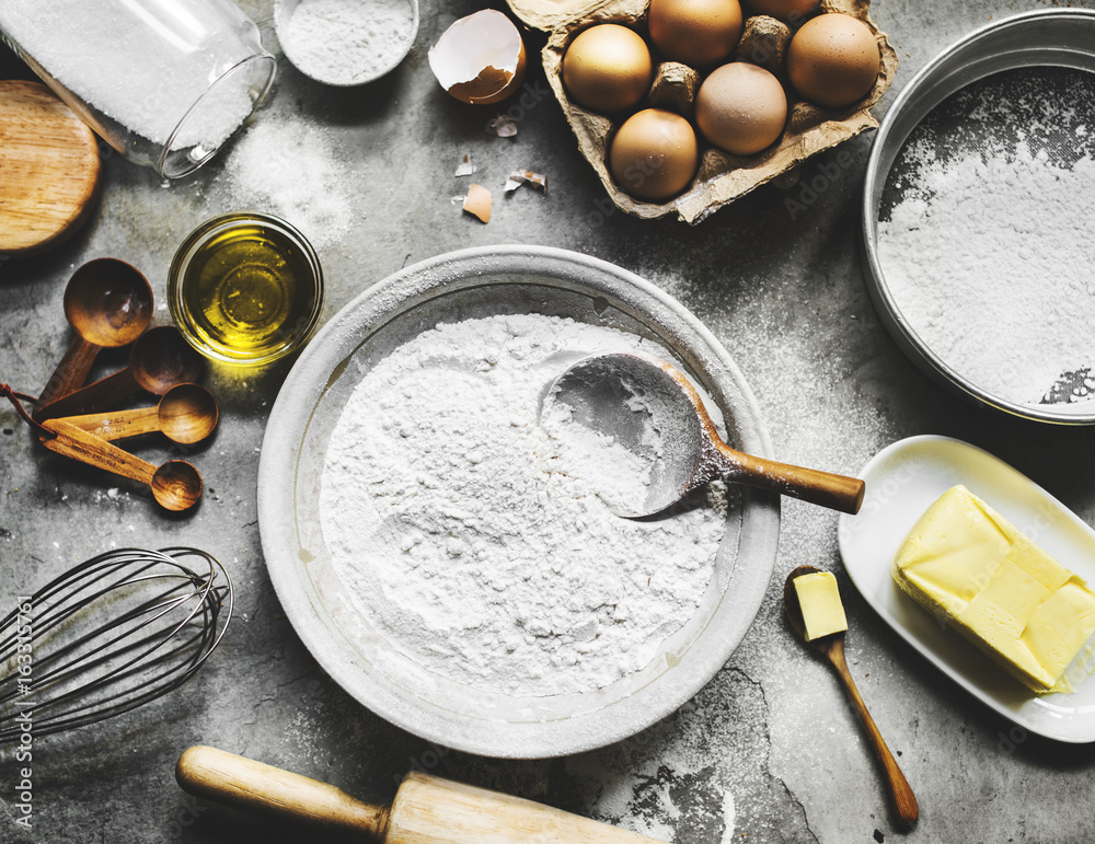 Flatlay of preparation pastry homemade recipe for bake