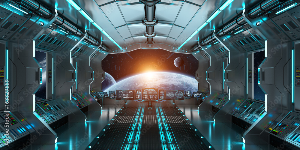 Spaceship interior with view on distant planets system 3D rendering elements of this image furnished