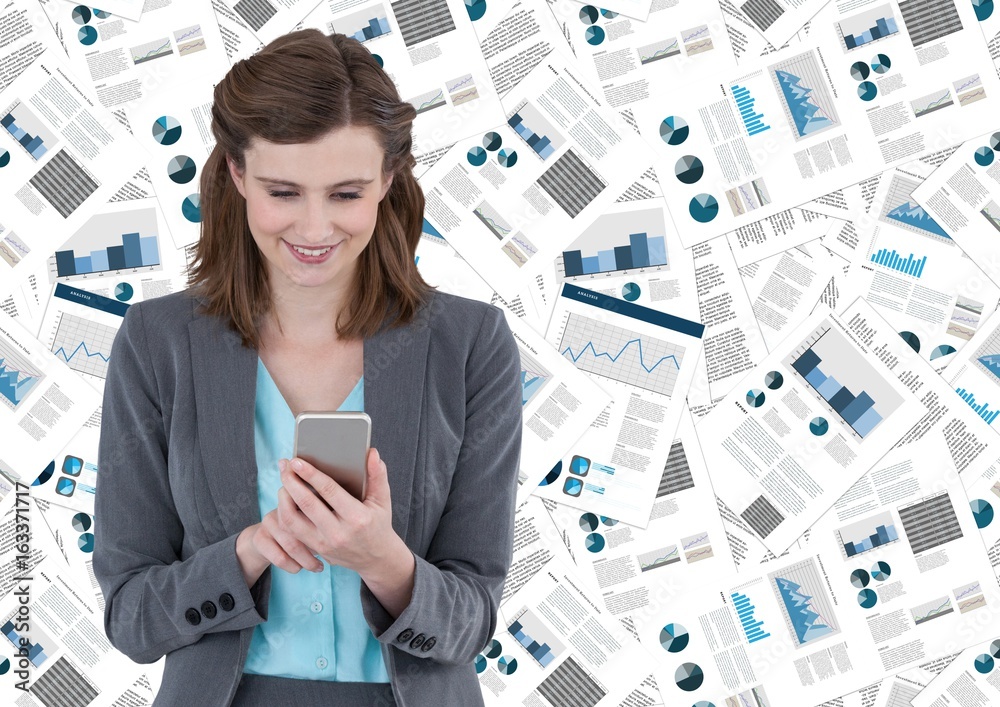 Business woman with phone against document backdrop