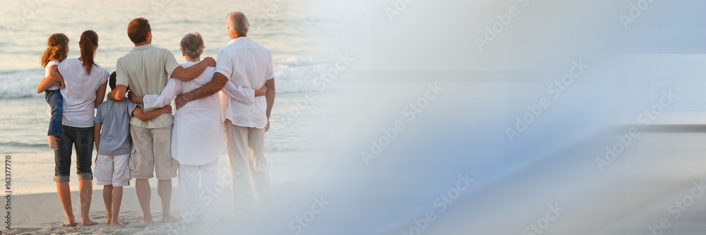 Back of family at beach with blue and grey transition