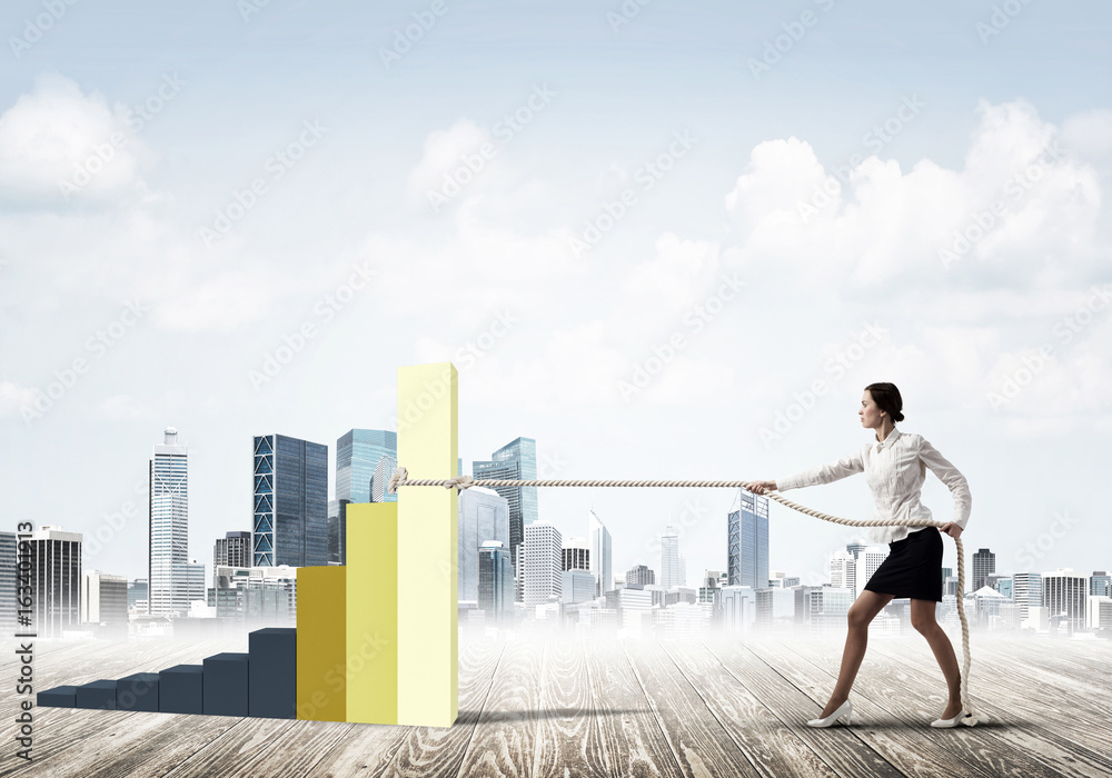 Businesswoman pulling arrow with rope and making it raise up