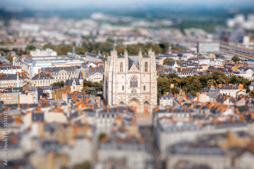 Aerial cityscape view with beautiful buildings and saint Pierre cathedral in Nantes city during the 