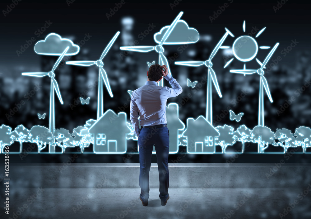 Businessman watching renewable energy sketch on a rooftop 3D rendering